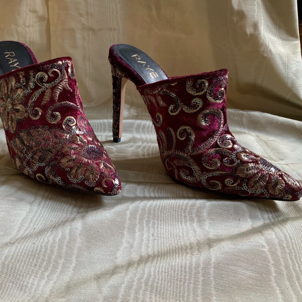 Raye Red Velvet mule pumps heels embroidered silver gold sequin Holiday Chrismas